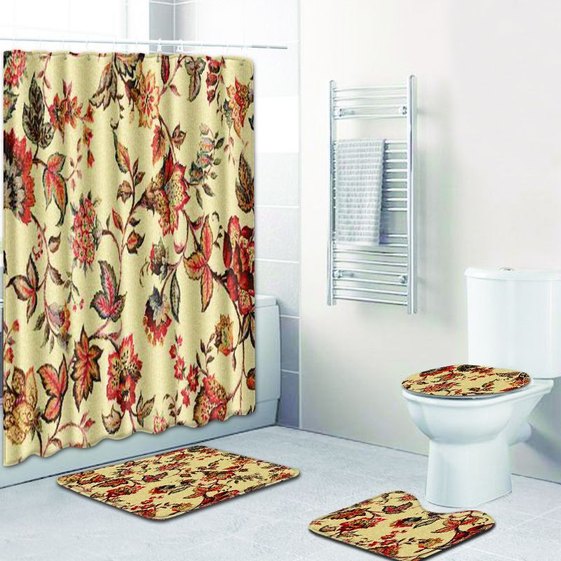 Zeegle Flower Patter dušas aizkars ar vannas paklājiņa komplektu Poliestera tualetes kāju paklājs Mazgājams vannas istabas grīdas paklājiņš Pretslīdošs durvju paklājiņš