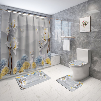 Tradicionalni stil Cvjetne prostirke za kupaonicu i komplet zavjesa za tuširanje Flanelska prostirka za WC školjku Set kupaonskih prostirki Upijajuća prostirka za tuširanje