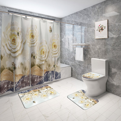 Tradicionalni stil Cvjetne prostirke za kupaonicu i komplet zavjesa za tuširanje Flanelska prostirka za WC školjku Set kupaonskih prostirki Upijajuća prostirka za tuširanje