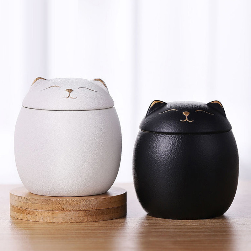 Kaķa formas urna mājdzīvnieku pelniem - kaķa formas piemiņas kremācijas urnas - ar rokām izgatavotas melnas dekoratīvas urnas bērēm, kaķu urna, suņu urna