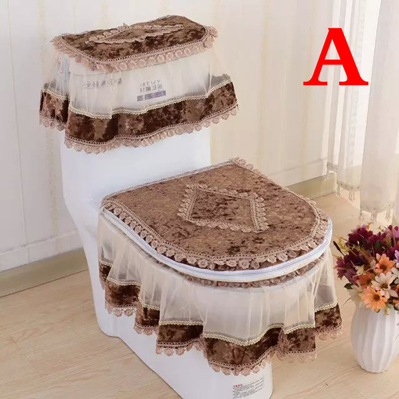 3 KOM Baršunasta čipkasta navlaka za WC školjku Set WC Dekoracija kućne kupaonice Poklopac spremnika za vodu + WC navlaka daska + WC daska