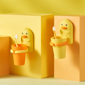 Zobu birstes turētājs ar krūzīti Cartoon Shape Duck Mouthwash Cup Pie sienas stiprināms mutes skalojamā līdzekļa komplekts, viegli uzstādāms bez sitiena