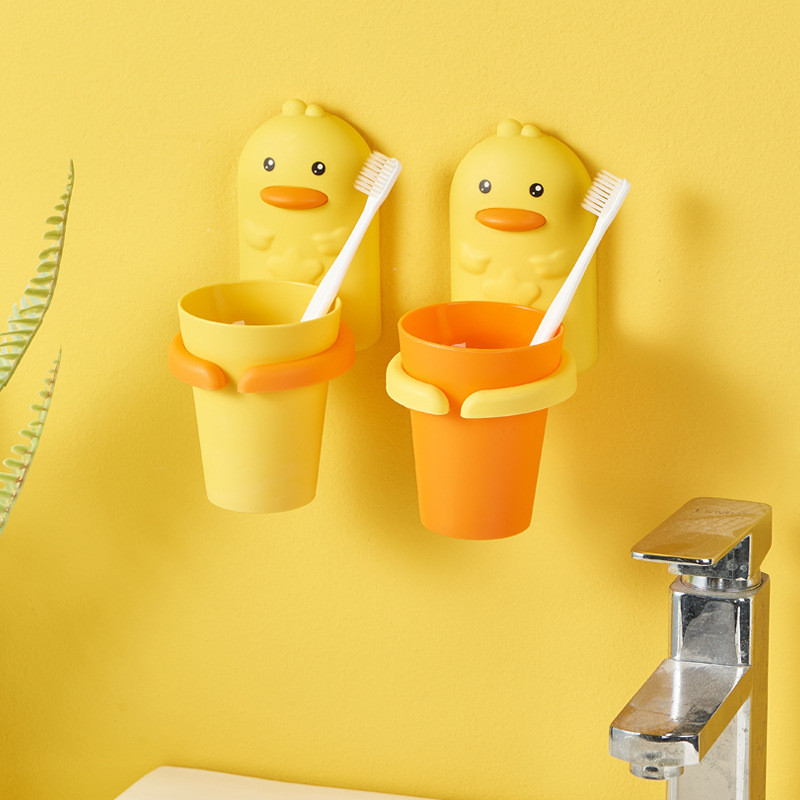 Zobu birstes turētājs ar krūzīti Cartoon Shape Duck Mouthwash Cup Pie sienas stiprināms mutes skalojamā līdzekļa komplekts, viegli uzstādāms bez sitiena