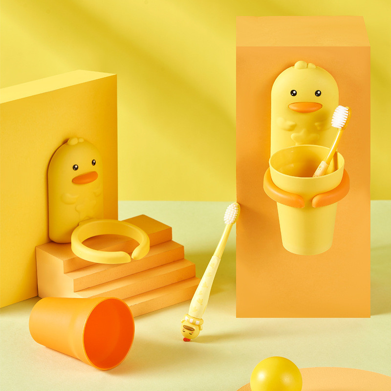 Zobu birstes turētājs ar krūzīti Cartoon Shape Duck Mouthwash Cup Pie sienas stiprināms mutes skalojamā līdzekļa komplekts, viegli uzstādāms bez sitiena