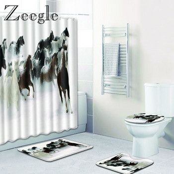 Zeegle Horse Pattern Подложка за баня и комплект завеси за душ Капак Покривало за тоалетна Поставка Мек килим Неплъзгаща се подложка за душ Аксесоари за баня