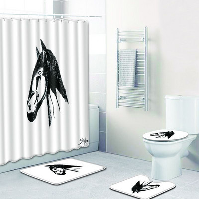 Zeegle Horse Pattern vonios kilimėlis ir dušo užuolaidų komplektas dangtis tualeto dangtis pjedestalas minkštas kilimėlis neslystantis dušo kilimėlis vonios kambario priedai
