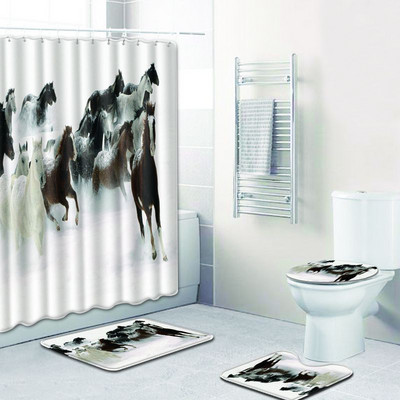 Zeegle Horse Pattern vonios kilimėlis ir dušo užuolaidų komplektas dangtis tualeto dangtis pjedestalas minkštas kilimėlis neslystantis dušo kilimėlis vonios kambario priedai