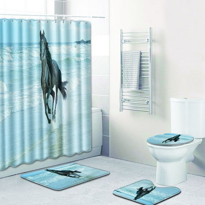 Zeegle Horse Pattern vonios kilimėlis ir dušo užuolaidų komplektas dangtis tualeto dangtis pjedestalas minkštas kilimėlis neslystantis dušo kilimėlis vonios kambario priedai