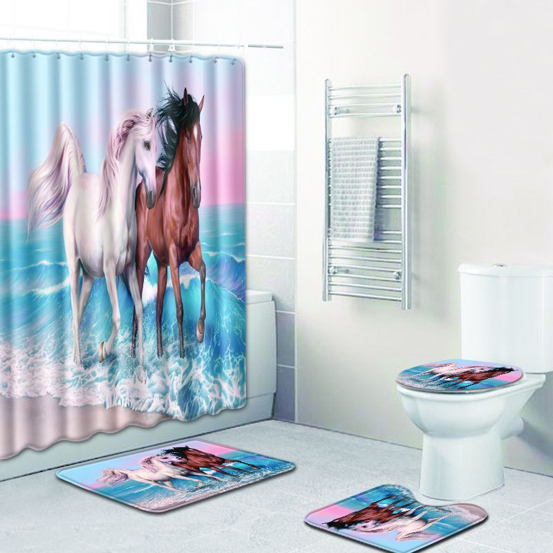 Set de covoraș de baie și perdea de duș cu model de cai Zeegle Capac capac de toaletă Piedestal Covor moale Covoraș de duș anti-alunecare Accesorii pentru baie