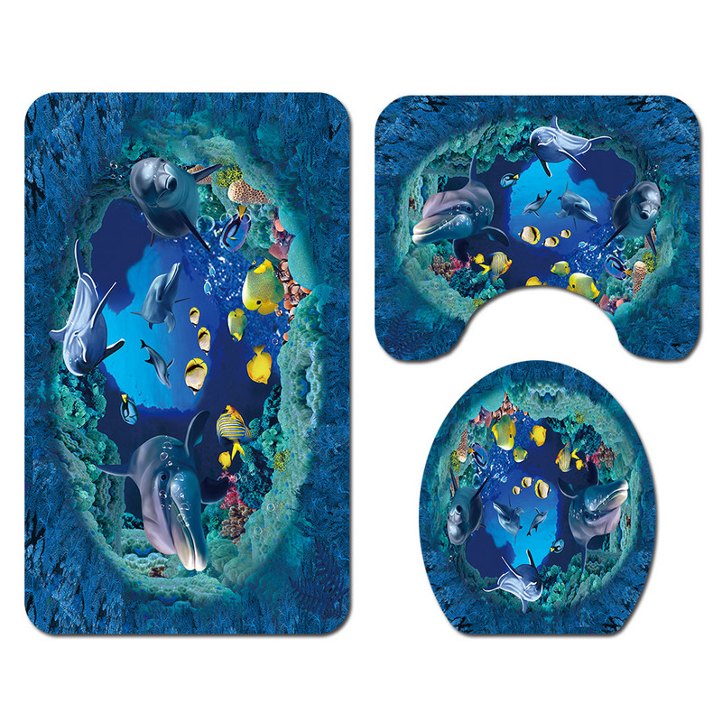 Ocean World Pattern vannas paklāja komplekts ar dušas aizkaru tualetes paklāja paklājs, neslīdošs vannas istabas grīdas paklājiņš U veida dušas paklāju komplekts