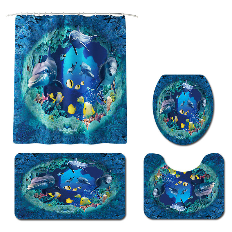 Ocean World Pattern vannas paklāja komplekts ar dušas aizkaru tualetes paklāja paklājs, neslīdošs vannas istabas grīdas paklājiņš U veida dušas paklāju komplekts