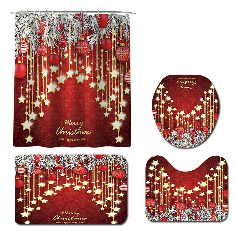 Jauns vannas istabas aksesuāru komplekts Ziemassvētku dekors Dušas aizkars Tualetes sēdekļa pārvalks Flaneļa paklājiņš Vannas istabas izstrādājums Mājas dekors