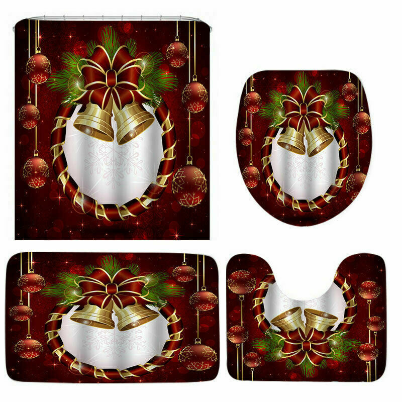 Jauns vannas istabas aksesuāru komplekts Ziemassvētku dekors Dušas aizkars Tualetes sēdekļa pārvalks Flaneļa paklājiņš Vannas istabas izstrādājums Mājas dekors