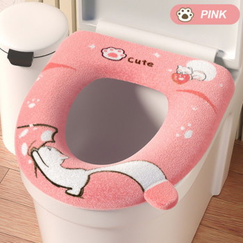 Калъф за тоалетна седалка със сладка анимация на котка Four Seasons Универсален плюшен топъл защитен калъф за тоалетна седалка с дръжка Може да се сваля Измива се