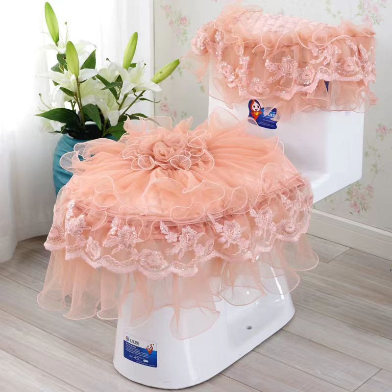 Vannas istabas rāvējslēdzējs 3-daļīgs komplekts, oranžs mežģīņu tualetes sēdekļa pārklājs Skaists siltāks spilventiņš tualetes paklājiņš mazgājams audums tualetes sēdekļa pārklāja paklājiņš