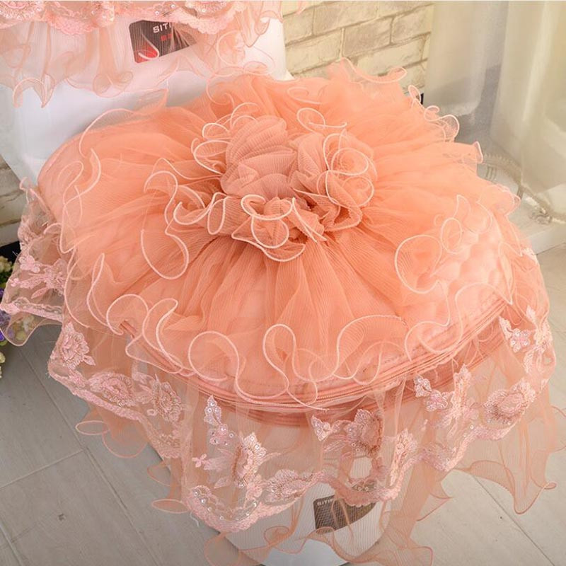 Vannas istabas rāvējslēdzējs 3-daļīgs komplekts, oranžs mežģīņu tualetes sēdekļa pārklājs Skaists siltāks spilventiņš tualetes paklājiņš mazgājams audums tualetes sēdekļa pārklāja paklājiņš