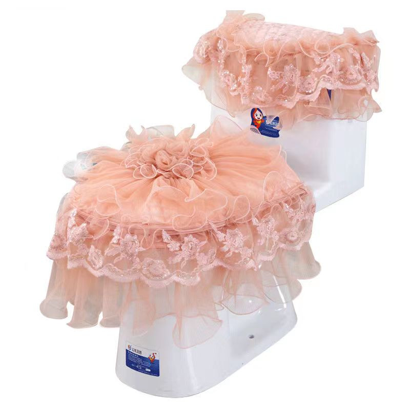 Vannas istabas rāvējslēdzējs 3-daļīgs komplekts, oranžs mežģīņu tualetes sēdekļa pārklājs Skaists siltāks spilventiņš tualetes paklājiņš mazgājams audums tualetes sēdekļa pārklāja paklājiņš