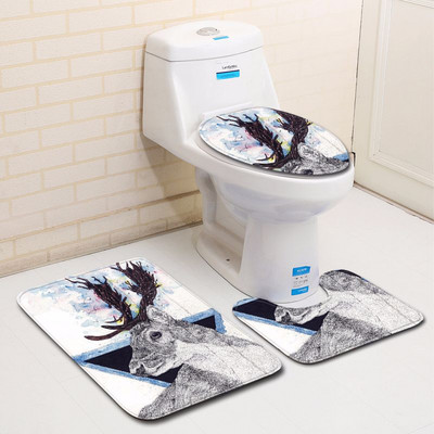 Zeegle 3Pcs Prostirka za kupaonicu Kupaonski tepih s 3D printom Elk-a Neklizajuće prostirke za kupaonicu Otirač za WC školjku Upijajući poklopac za WC školjku Kupaonska prostirka