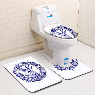 Zeegle 3Pcs Prostirka za kupaonicu Kupaonski tepih s 3D printom Elk-a Neklizajuće prostirke za kupaonicu Otirač za WC školjku Upijajući poklopac za WC školjku Kupaonska prostirka