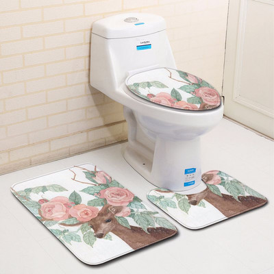 Zeegle 3Pcs Prostirka za kupaonicu Kupaonski tepih s 3D printom Elk-a Neklizajuće prostirke za kupaonicu Otirač za WC školjku Upijajući poklopac za WC školjku Kupaonska prostirka