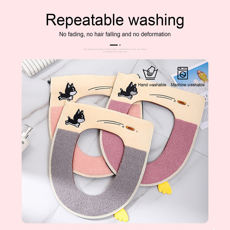 Tualetes sēdekļa pārvalks ar rokturi, karikatūra suns izšuvums universāla izmēra tualetes spilvens mazgājams vannasistabas rīks