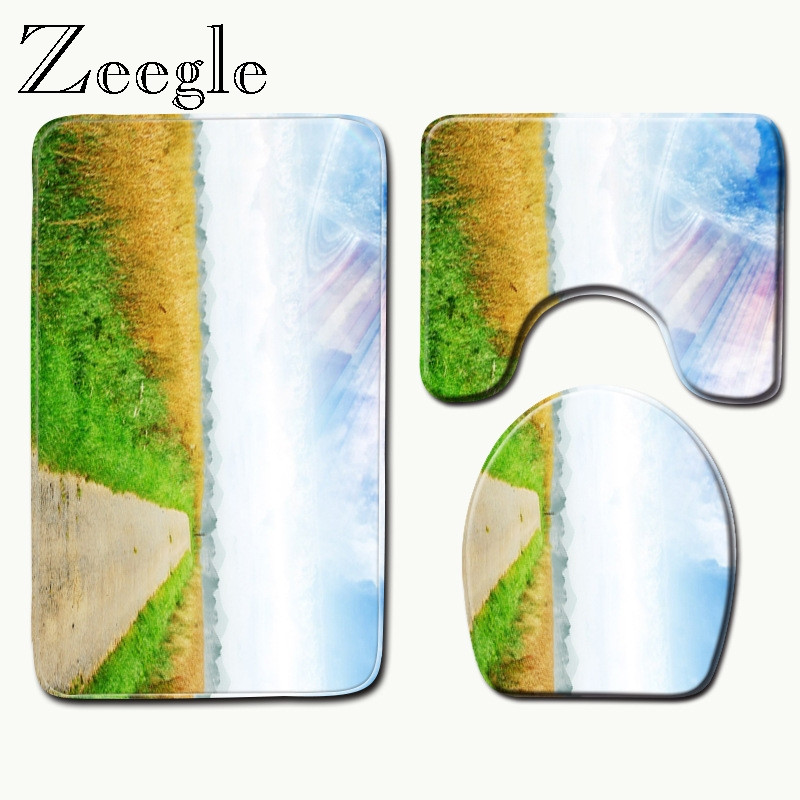 Zeegle Scenic Printed vannas paklājiņu komplekts Tualetes paklāji Pretslīdēšanas vannasistabas paklāju komplekts Sākums Tualetes vāks Dušas istabas Paklājs Grīdas Paklāji