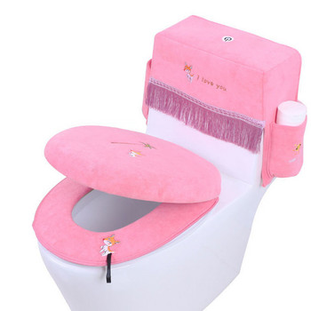 3 бр./компл. Калъф за тоалетна седалка с бродерия Мека кадифена подложка за тоалетна Палто Калъф за тоалетна Чиния Резервоар за вода Прахоустойчиво покритие Подложка за тоалетна чиния