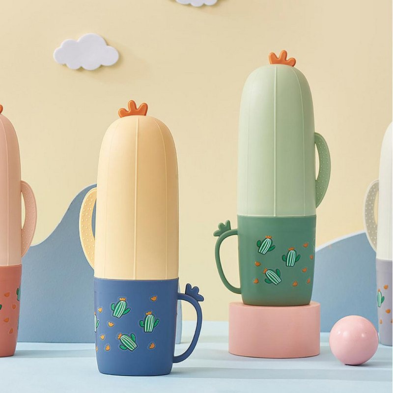 Zobu birstes glabāšanas futrālis Ūdensnecaurlaidīgs 2 vienā ABS Cute karikatūra Cactus Tumbler krūzes turētājs Vannas istabas piederumi