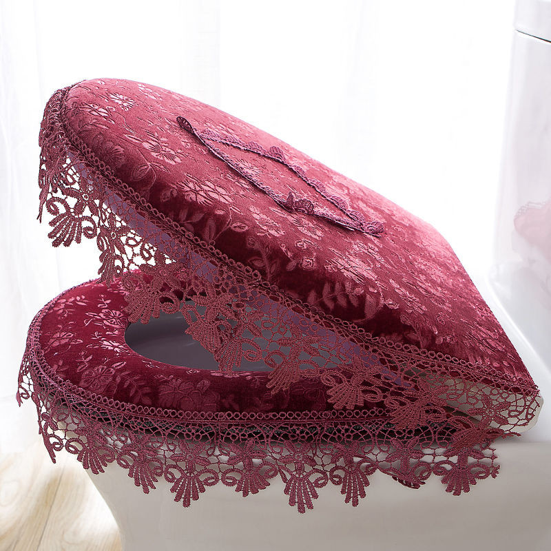 Fyjafon tualetes sēdekļa pārvalks Plīša mežģīņu tualetes poda sēdekļa pārvalks Sarkans bēšs vannas istabas dekoratīvais pārvalks tualetes putekļu necaurlaidīgam pārklājam