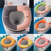 Husă pentru scaun de toaletă cu pisică de desene animate, cu mâner, pernă de toaletă universală, lavabilă, încălzitor de baie, covoraș de pluș, accesorii pentru casă