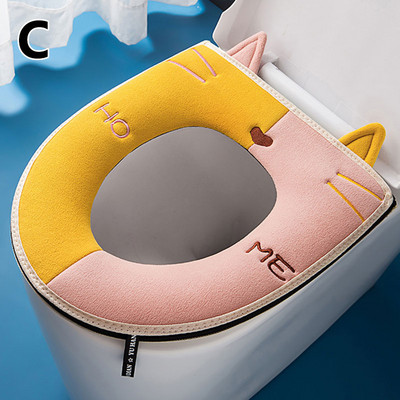 Husă pentru scaun de toaletă cu pisică de desene animate, cu mâner, pernă de toaletă universală, lavabilă, încălzitor de baie, covoraș de pluș, accesorii pentru casă