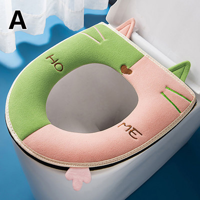 Husă pentru scaun de toaletă cu pisică de desene animate, cu mâner, pernă de toaletă universală, lavabilă, încălzitor de baie, covoraș de pluș, accesorii pentru casă