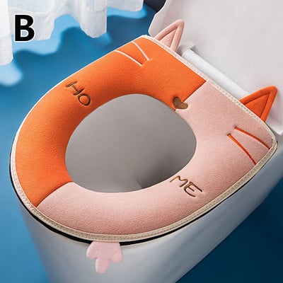 Husă pentru scaun de toaletă cu pisică de desene animate, cu mâner, pernă de toaletă universală, lavabilă, încălzitor de baie, covoraș de pluș, accesorii pentru casă