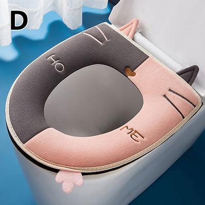 Husă pentru scaun de toaletă cu pisică de desene animate, cu mâner, pernă de toaletă universală, lavabilă, încălzitor de baie, covoraș de pluș, accesorii pentru casă
