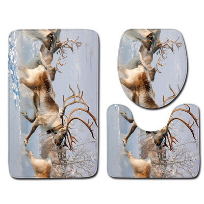 Zeegle Set kupaonskih prostirki od 3 komada, toaletna prostirka za kupaonicu s otiskom losa, protuklizna kupaonska podna prostirka, poklopac za WC školjku, prostirke za tuširanje, prostirke za kupaonicu