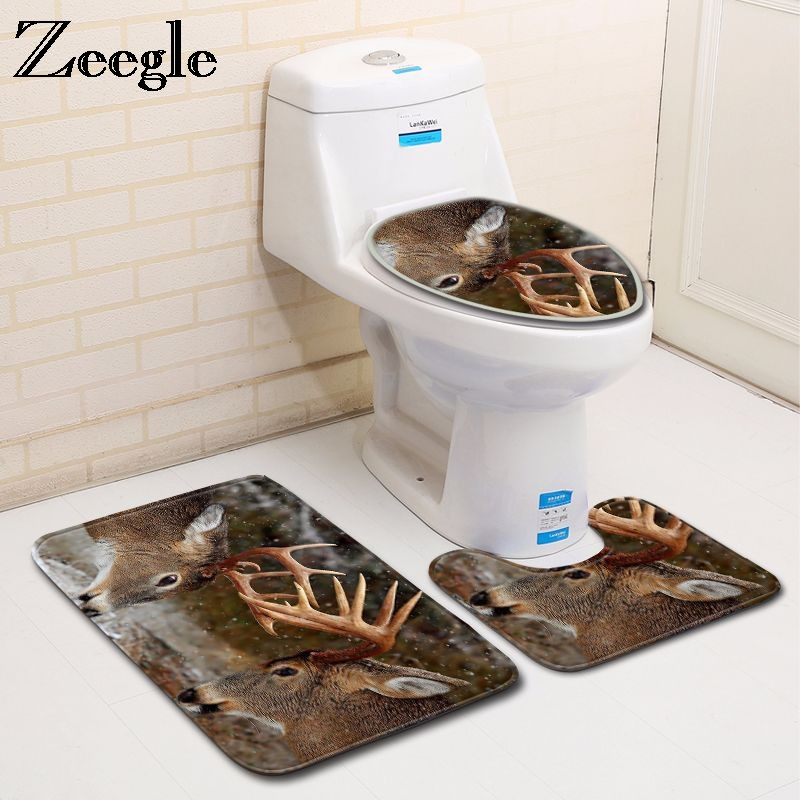 Zeegle Set kupaonskih prostirki od 3 komada, toaletna prostirka za kupaonicu s otiskom losa, protuklizna kupaonska podna prostirka, poklopac za WC školjku, prostirke za tuširanje, prostirke za kupaonicu