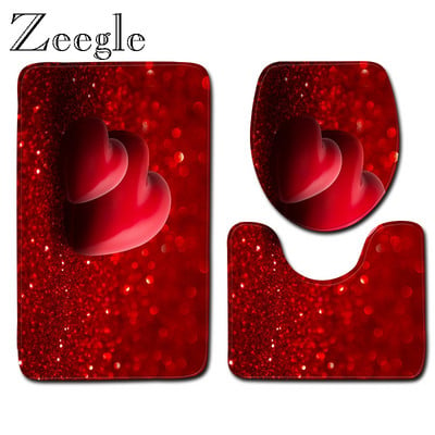 Zeegle 3D Love Heart Σετ χαλάκι μπάνιου Τουαλέτα U Τύπος Ματ Βάθρο Χαλί τουαλέτας Κάλυμμα καθίσματος τουαλέτας Μοντέρνο χαλάκι ντους Πλενόμενο χαλί ποδιών