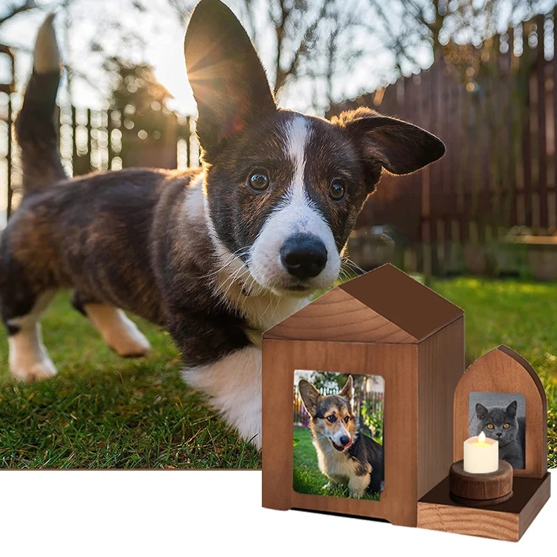 Medinės rankų darbo naminių gyvūnėlių urnų namas ir žvakidžių rinkinys Laidotuvių reikmenys Katės Šuns kremavimo urna pelenams Gyvūno atminimo karsto dėžutė