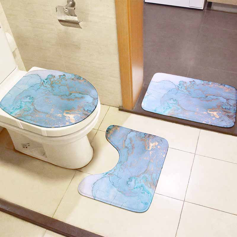 3D marmora vannas istabas grīdas paklājiņu komplekts trīsdaļīgs tualetes sēdekļa pārvalks flaneļa pretslīdes paklājs dušas apdares paklājs ieejas durvju paklājiņš