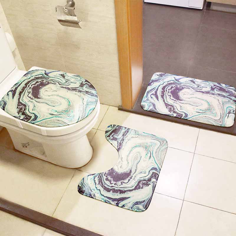 3D marmora vannas istabas grīdas paklājiņu komplekts trīsdaļīgs tualetes sēdekļa pārvalks flaneļa pretslīdes paklājs dušas apdares paklājs ieejas durvju paklājiņš