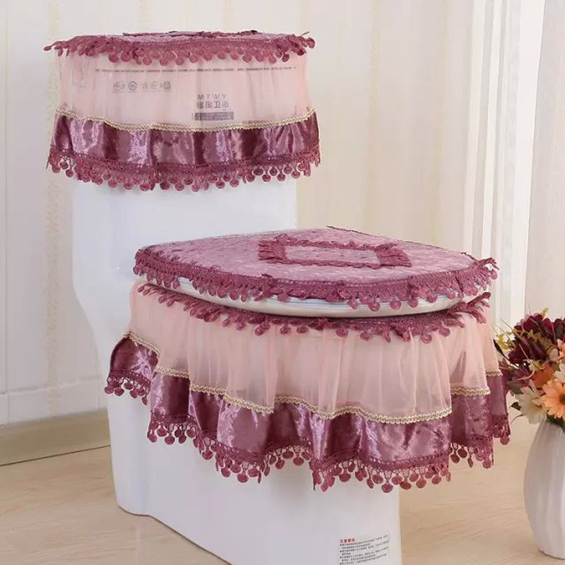 3Pcs/Set Set navlaka za WC sjedalo Zlatne boje Baršunasta čipkana WC školjka Kaput u obliku slova U Kućna kupaonica WC Mat Tank Set jastuka