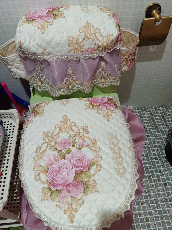 Fyjafon 3gab Tualetes sēdekļa pārvalks mazgājams izšūšana tualetes pārsegs tvertnes pārsegs ar uzglabāšanas maisiņiem Apdrukāts mežģīnes vannas istabas tualetes pārvalks