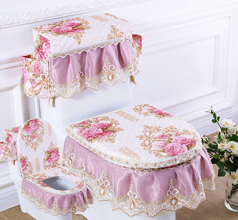 Fyjafon 3gab Tualetes sēdekļa pārvalks mazgājams izšūšana tualetes pārsegs tvertnes pārsegs ar uzglabāšanas maisiņiem Apdrukāts mežģīnes vannas istabas tualetes pārvalks