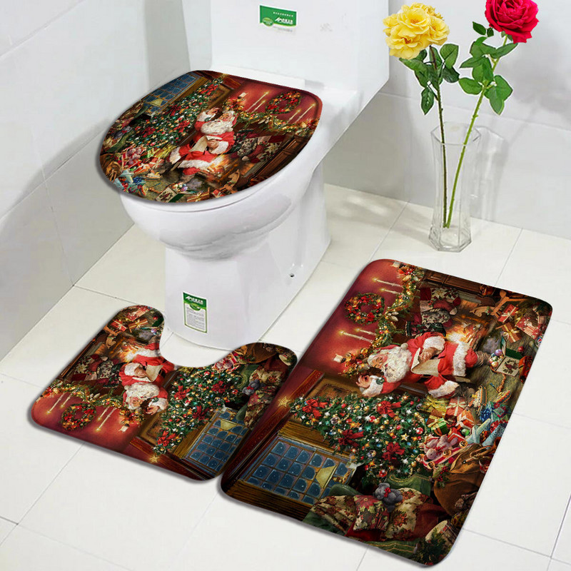 Božićni setovi prostirki za kupanje Djed Mraz Božićno drvce Kamin Umjetnost na platnu Nova godina Kupaonski dekor Protuklizna prostirka WC školjka