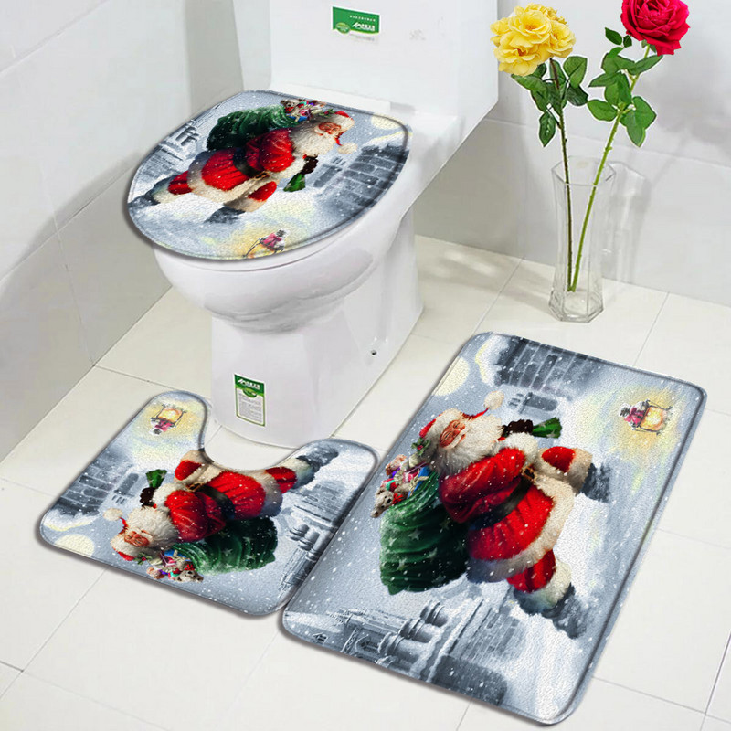 Božićni setovi prostirki za kupanje Djed Mraz Božićno drvce Kamin Umjetnost na platnu Nova godina Kupaonski dekor Protuklizna prostirka WC školjka