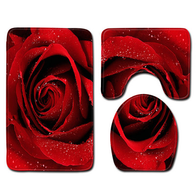 Bright Rose vannimattide komplekt sõbrapäevaks, 3-osaline vannitoavaip, libisemisvastane vaip kodukaunistuseks WC-istme kate 3D tekk