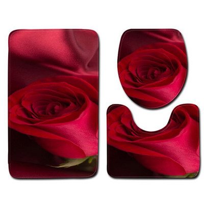 Bright Rose vannimattide komplekt sõbrapäevaks, 3-osaline vannitoavaip, libisemisvastane vaip kodukaunistuseks WC-istme kate 3D tekk