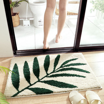 Inyahome Green Leaves Flocking Bath Mat Неплъзгаща се абсорбираща микрофибърна килимче за баня Подложка за домашна входна врата Супер меки постелки за баня