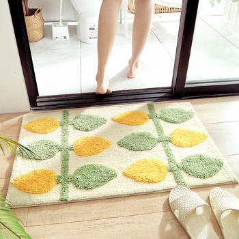 Inyahome Green Leaves Flocking Bath Mat Неплъзгаща се абсорбираща микрофибърна килимче за баня Подложка за домашна входна врата Супер меки постелки за баня