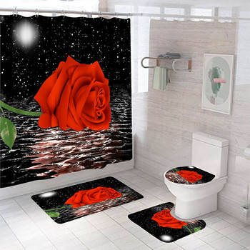 Комплект завеси за душ с розови цветя Нехлъзгащи се килими Постелка за баня Покривало на капака на тоалетната и 12 куки Водоустойчив полиестер Декор за дома в банята